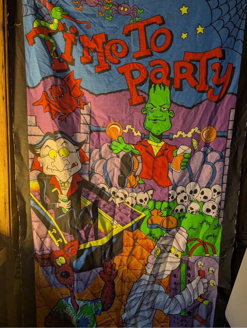 Vintage Halloween Party Wall Tapestry with Cartoon Monster Characters